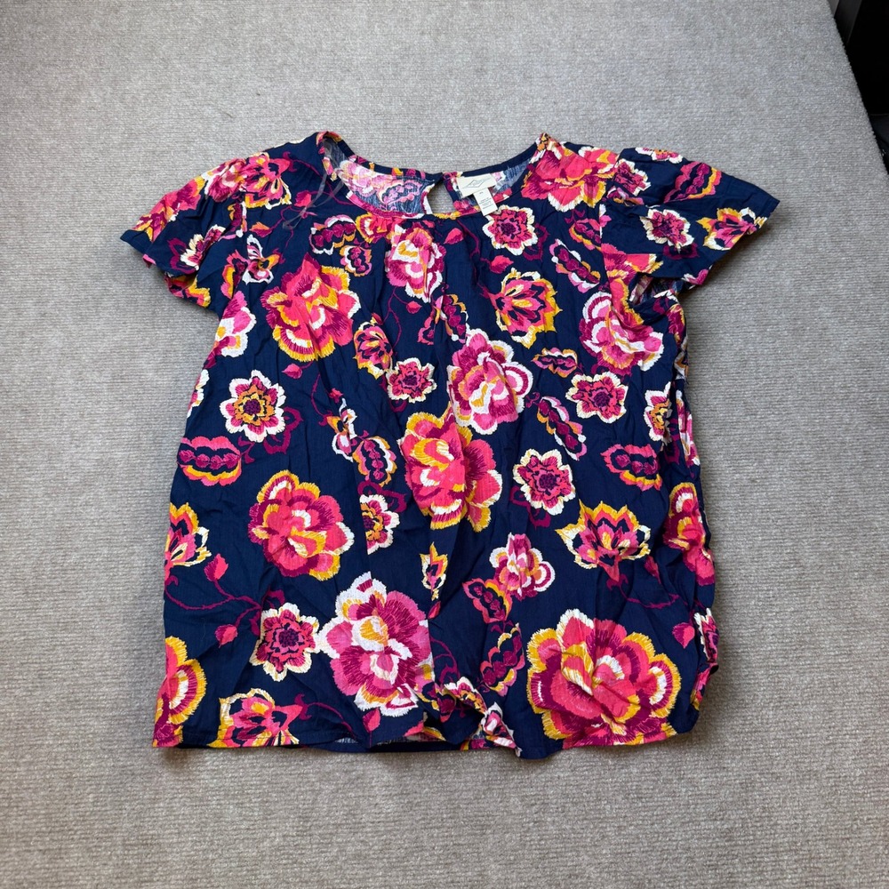 St. John's Bay Womens XL Navy Boho Floral Short Sleeve Keyhole Blouse Top